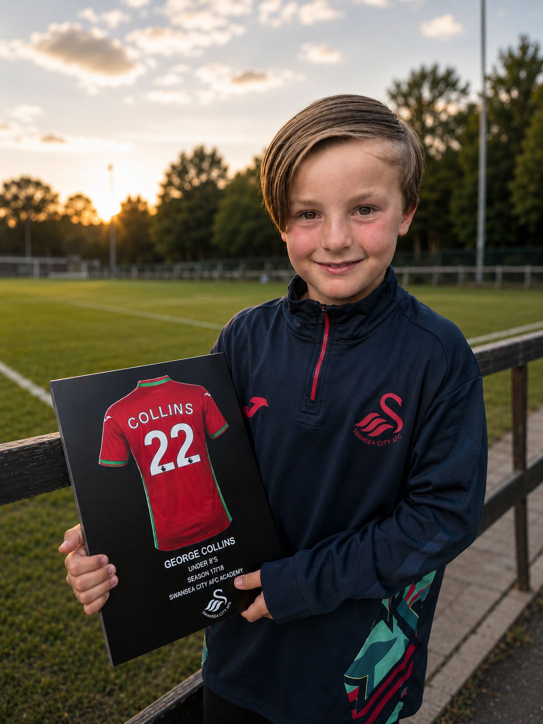 George Collins, a Swansea City AFC Academy Under 8s player, holding his personalised Academy Programme plaque at the club's training ground