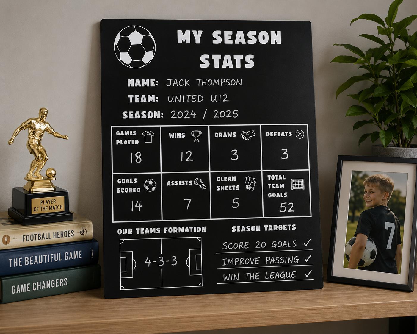 The Season Stats Board on a shelf beside a player of the match trophy and framed team photo